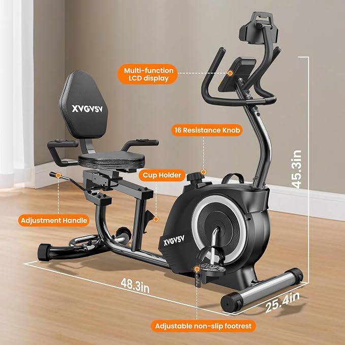 Recumbent Exercise Bike for Home, Recumbent Stationary Bikes for Seniors | Quiet Recumbent Bikes for Seniors & Adults, 16-Level Resistance, Adjustable Seat, Supports 400LB, Pulse Sensors & LCD Display