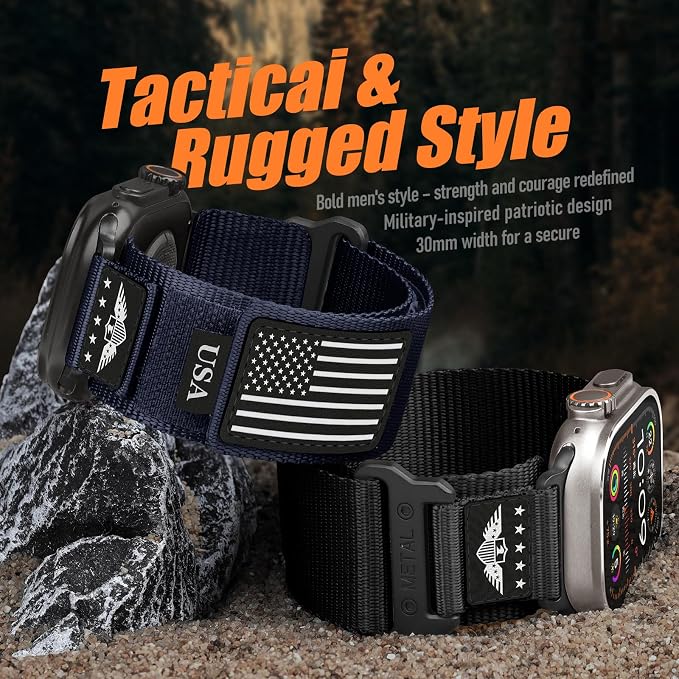 Rugged Nylon for Apple Watch Band for Men Series 11/10/9/8/7/6/SE/5/4/3/2/1 iWatch Bands Man,Soft Woven Adjustable Stars-Stripes Flag Wristbands Strap for Apple Watch SE 3/2/1 42mm 41mm 40mm 38mm