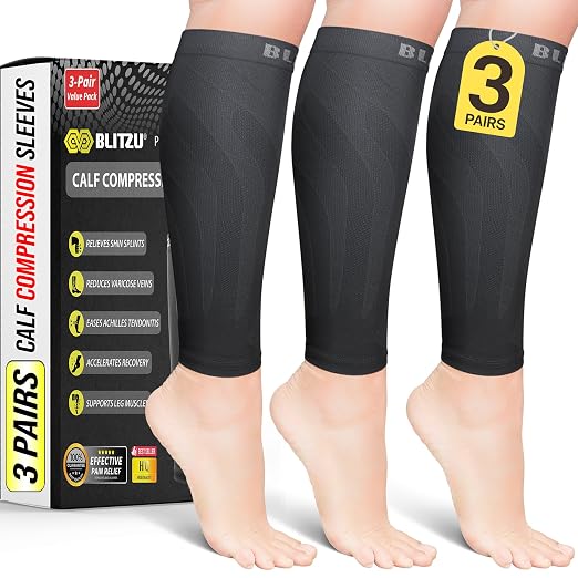 BLITZU Calf Compression Sleeves, 3 Pairs, Shin Splint Relief Running Socks | Footless Compression Socks for Men and Women, Leg & Muscle Support, Reduce Swelling, Pain, Fast Recovery for Travel, Fitness