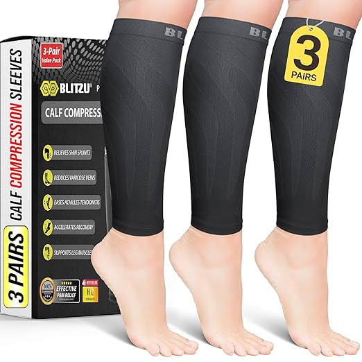BLITZU Calf Compression Sleeves, 3 Pairs, Shin Splint Relief Running Socks | Footless Compression Socks for Men and Women, Leg & Muscle Support, Reduce Swelling, Pain, Fast Recovery for Travel, Fitness