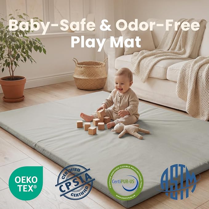 Huloo Sleep Baby Play Mat 74x50 Inches, 1.3" Thick Padded Waterproof Floor Cushion & Playpen Mat with Vegan Leather, Non-Slip & Non-Toxic Nursery Rug for Infants, Toddlers & Kids(Grey)