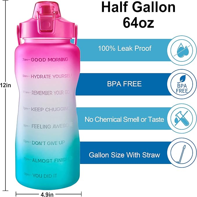 EYQ 64oz/128oz Leakproof Free Drinking Water Bottle with Motivational Time Marker BPA Free for Fitness, Gym and Outdoor Sports