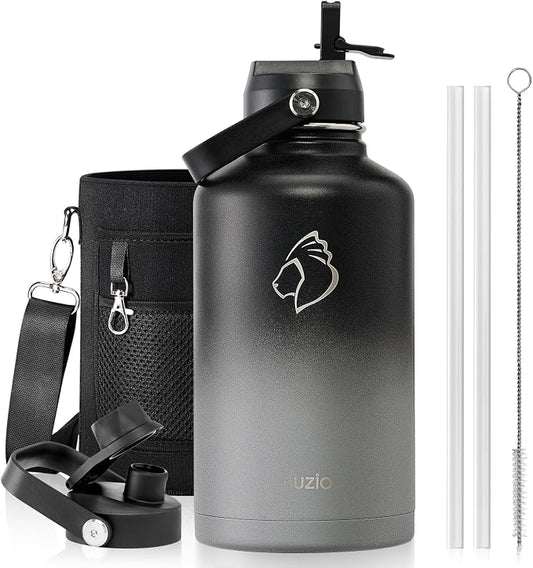 Insulated Water Bottle 64 oz with Straw Lid and Flex Lid, BUZIO 64oz Stainless Steel Water Bottle Half Gallon Jug Flask, Double Wall Vacuum Sports Thermo Mug, Cold Hot Hydro Metal Canteen | Half Gallon Water Jug (Dishwasher Safe), Cold for 48 Hrs, Trip...