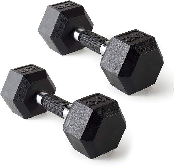 CAP Rubber Coated Dumbbell Weights, Free Weights for Home Gym Strength Training, Anti-Roll Hex Dumbbells with Black, Chrome & Comfort Grip Handles, Pairs & Sets