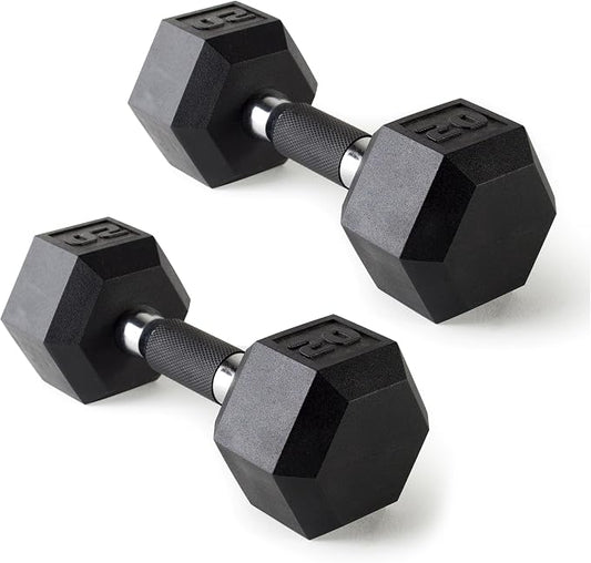 CAP Rubber Coated Dumbbell Weights, Free Weights for Home Gym Strength Training, Anti-Roll Hex Dumbbells with Black, Chrome & Comfort Grip Handles, Pairs & Sets