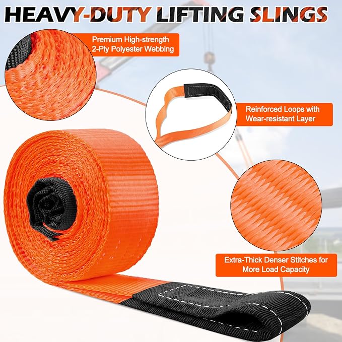 Lifting Straps 10' x 2", 15000 LBS Heavy Duty Lifting Sling Strap Tree Saver Recovery Straps, 2 Pack Webbing Rigging Sling for Trailer, Hoist, Truck, RV,Vehicle, Construction & Boat