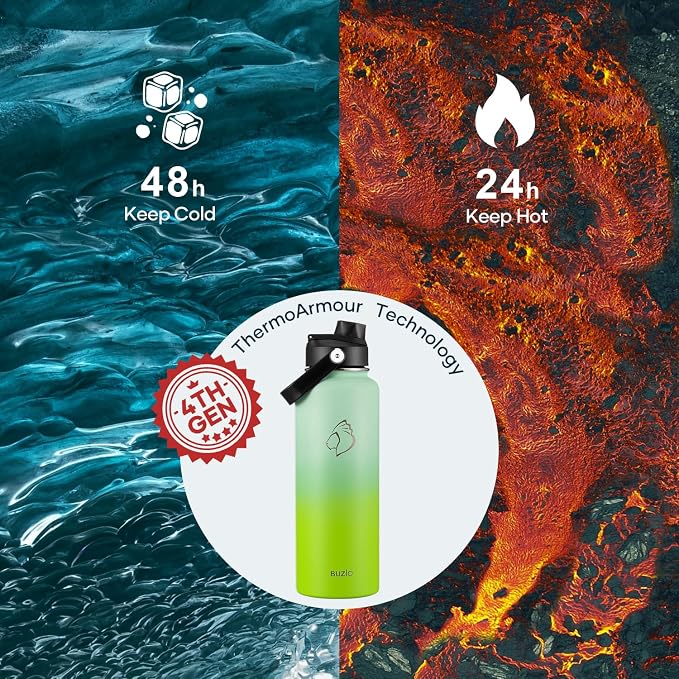 BUZIO Triple Wall Vacuum Water Bottle with Dust-proof Straw & Spout Lids | 40 oz Insulated Stainless Steel Water Flask (Cold for 48 Hrs/Hot for 24 Hrs), Dishwasher Safe, Leakproof, Non-BPA, for Hiking