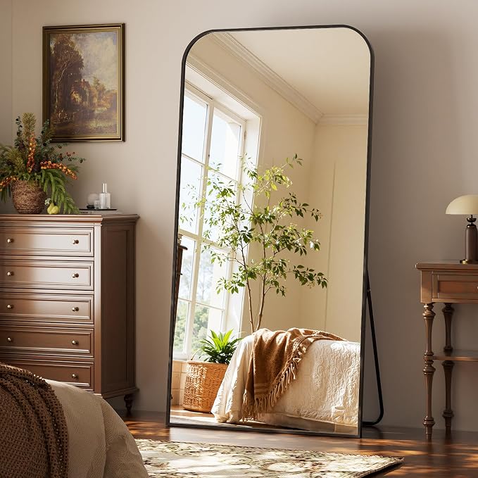 XRAMFY Full Length Mirror - Large Floor Standing & Wall Mountable Full Body Mirror with Sturdy Aluminum Frame, Arched Top Design, Freestanding or Hanging for Bedroom, Living Room, Cloakroom,Black