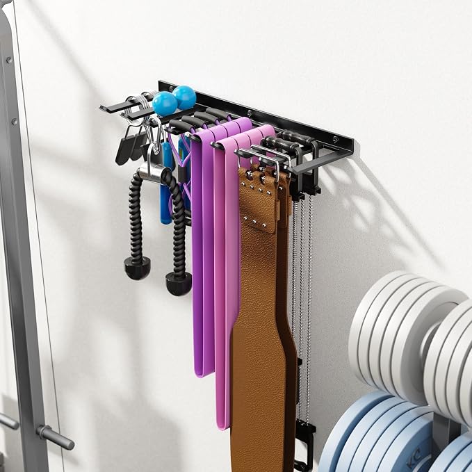 Wall-Mounted Home Gym Equipment Storage Rack for Resistance Bands, Barbell Bars, Cable Attachments, Lifting Belts, Jump Ropes, and Chains