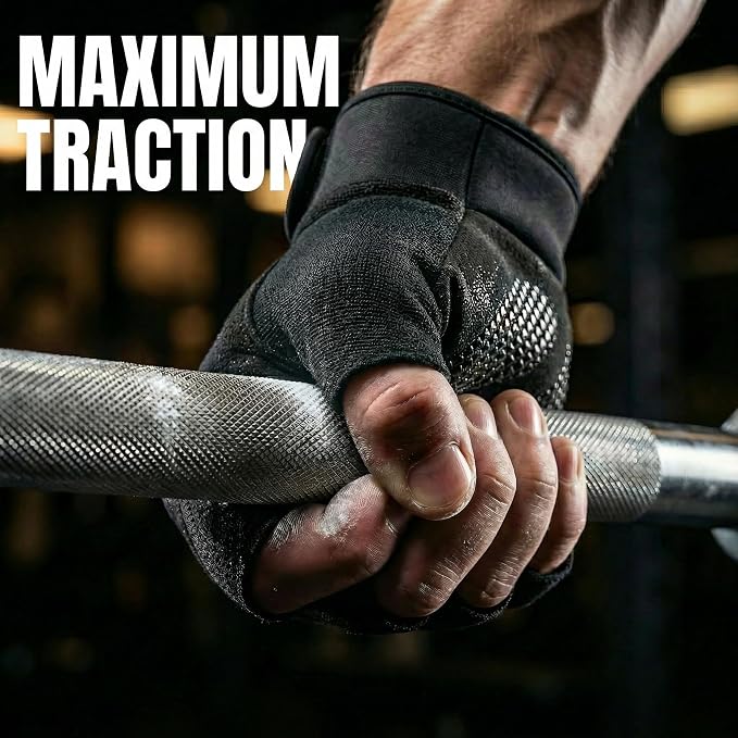 sunnex Weight Lifting Gloves with Extended Wrist Support - High-Grip Silicone Padded Gym Gloves for Men & Women, Breathable Fingerless Workout Gloves for Pull Ups, Training & Powerlifting (Black)