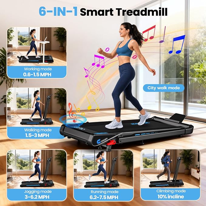 Treadmill with Speaker, 6-in-1 7.5MPH Foldable Treadmill for Home with App Compatible, Walking Pad with 10% Incline, LED Display, 3.0HP Brushless Drive, 350 LB Weight Capacity, 12 HIIT Programs