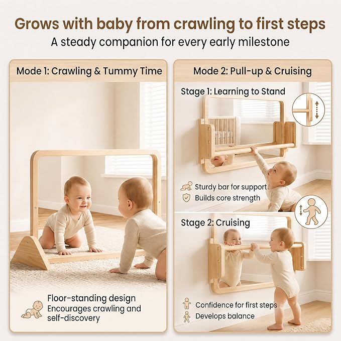 Woodtoe 3-in-1 Montessori Mirror with Bar, Adjustable Tummy Time Mirror 6M+ | Toddler Mirror & Pull Up Bar, Montessori Learning Toy for Baby 6-18 Months, Nursery Mirrors, Natural Wood Kids Furniture