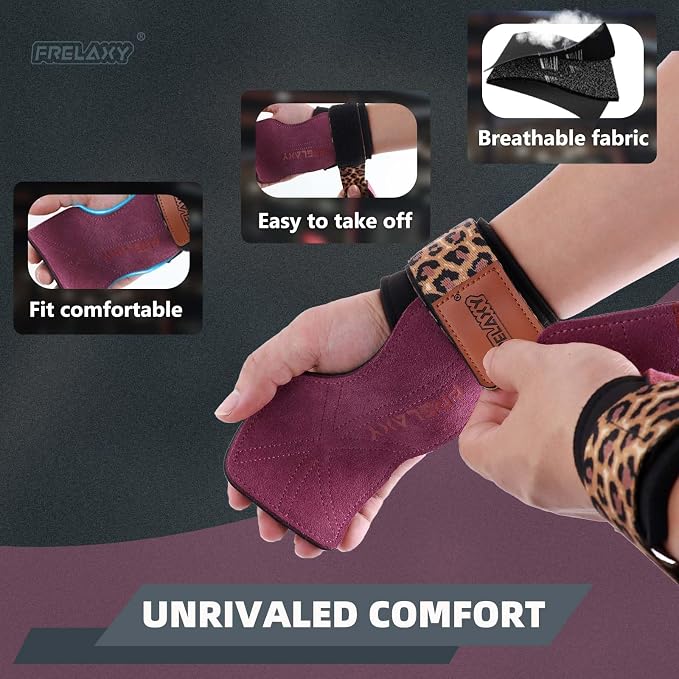 Frelaxy Lifting Wrist Straps for Women and Men, Weight Lifting Grips | Double-layer leather, Cushioned wrist support, Durable construction, Storage pouch, Deadlifts, rows, lat pulldowns