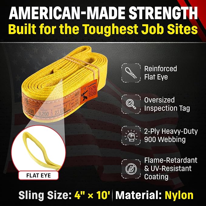 DD Sling 4 Inch x 10 Foot Nylon Lifting Sling – USA Made, 11,500 lb Vertical, 9,200 lb Choker, 23,000 lb Basket – 2-Ply Heavy Duty 900 Webbing, Type 3 Flat Eye & Eye Rigging Sling