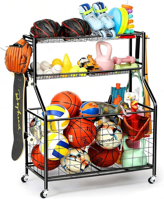 Kinghouse Sport Equipment Organizer for Garage, Steel Basketball Rack with Bat Holder and Hooks, Easy Assembly Storage for Balls, Kids' Toys, Workout Gear, Home Gym, Outdoor
