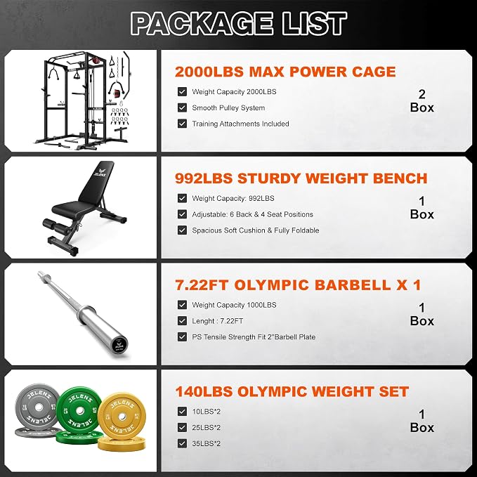 JELENS S21 Power Cage, Multi-Function Power Rack with Adjustable Cable Crossover System, 2000LBS Squat Rack for Home Gym with More Training Attachments