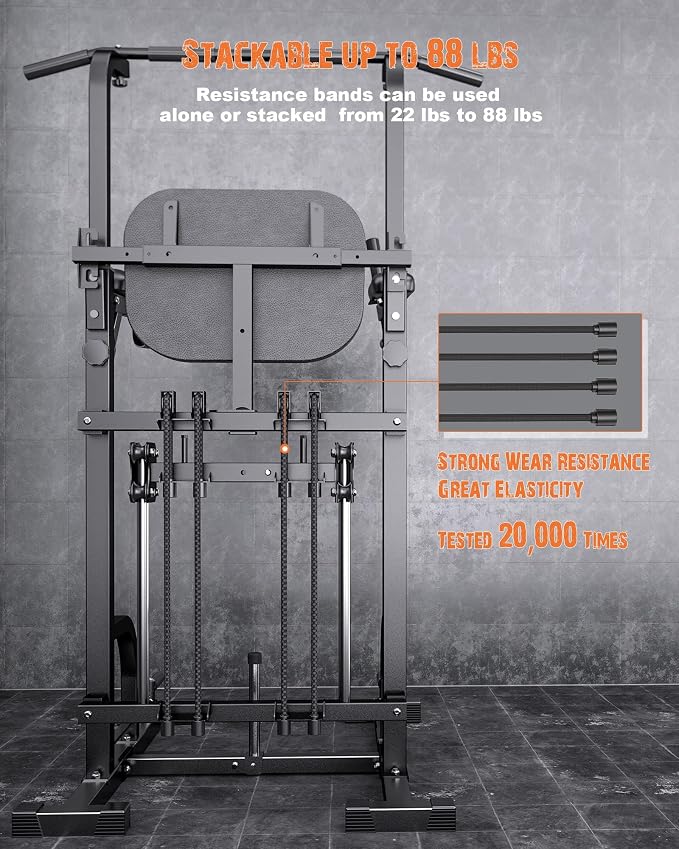 Heavy Duty Power Tower, Light Commercial Grade Steel Frame, 800 LBS Weight Capacity, Multi-Function Pull Up Bar & Dip Station with Crunch Leg Raise, Home Gym Gear for Back and Core Workout