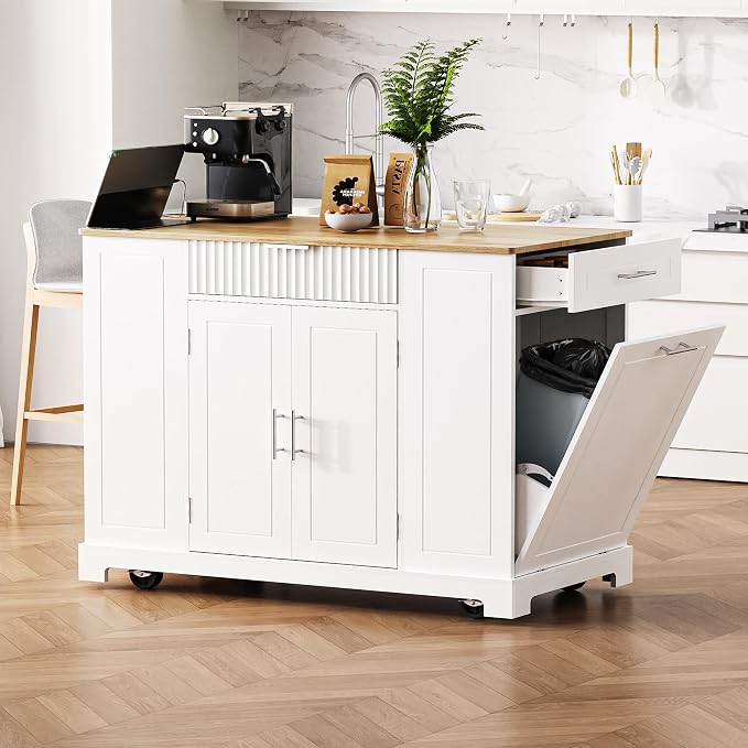 Merax Fluted Kitchen Island with Trash Can Storage Cabinet, Power Outlet, Internal Storage Rack, Rolling Kitchen Storage Cart on 5 Wheels with 3 Drawer, 3 Open Side Racks, White