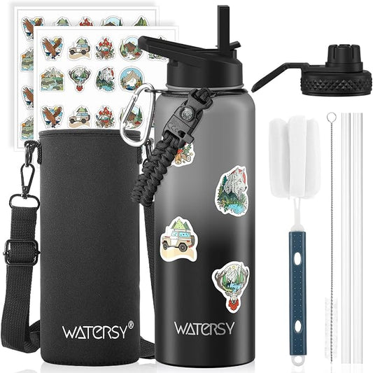 40oz Insulated Water Bottle (Cold for 48 Hrs),BPA Free&Leak Proof,Stainless Steel Water Flask,Water Jug with Straw Spout Lids for Gym,Hiking,Travel,Grey Black