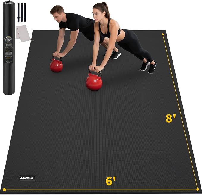 CAMBIVO 8'x6'/7'x5'/6'x4' Large Exercise Mat Workout Mat for Home Gym, 7mm | High-density PVC, cushioned surface, non-slip bottom, for jump rope and weights, floor protection, easy to store