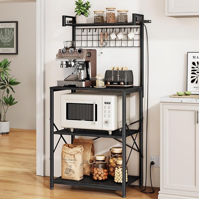 SNTD Bakers Rack with Power Outlet, Microwave Stand, Black, 23.5" W | Coffee Stand, 4 Tiers Kitchen Storage Shelves, Wire Grid Panel, 10 Hooks, Metal Frame, Triple X-Shaped Reinforcement