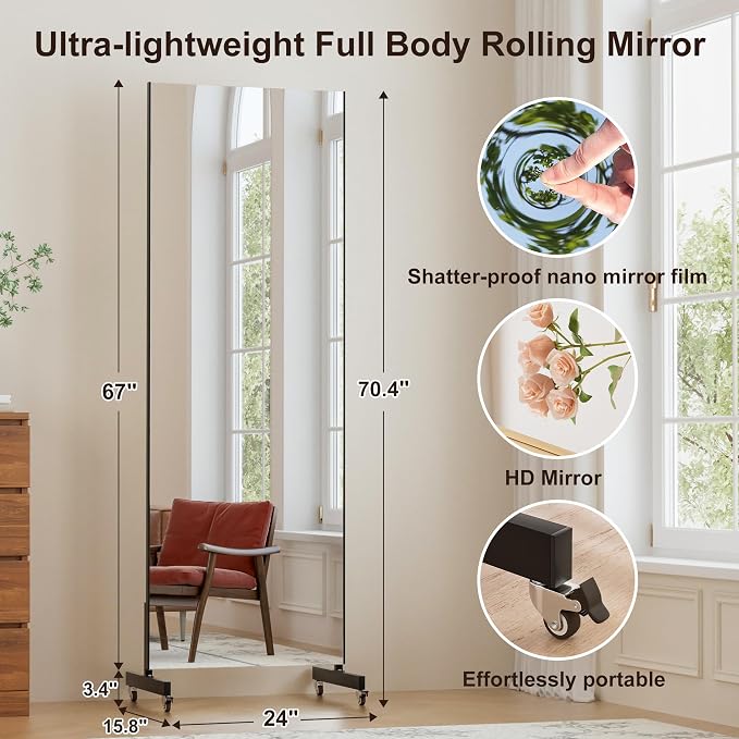 brisafe 67"x24" Ultra-Light Mobile Floor Mirror with 360° Wheels, 0.04mm Shatterproof Nano Film for Home Gym/Yoga/Dance Studio & Commercial Use | 60% Insurance Savings | Black