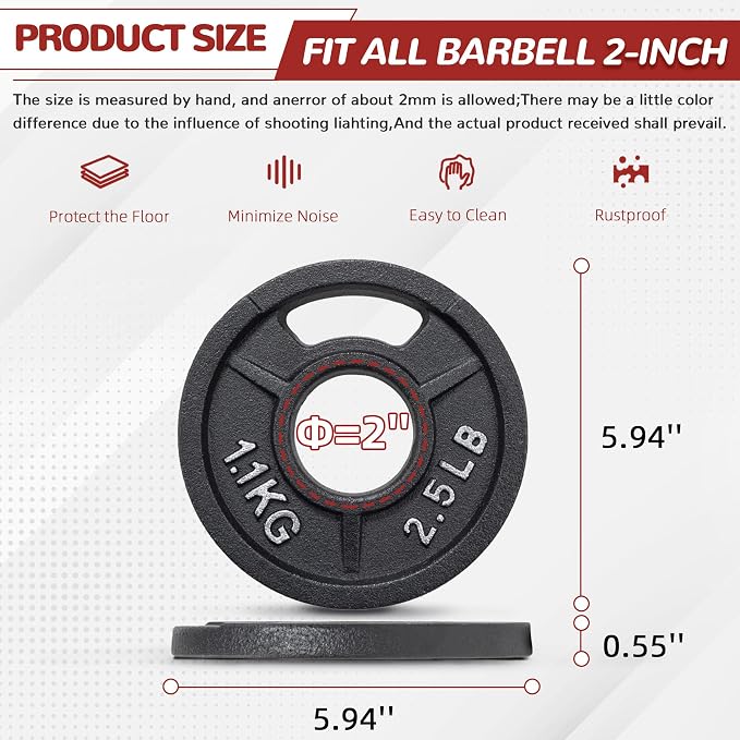 Fitvids 2-Inch Olympic and 1-Inch Standard Cast Iron Weight Plate for Strength Training & Weightlifting, Multiple Weights Available