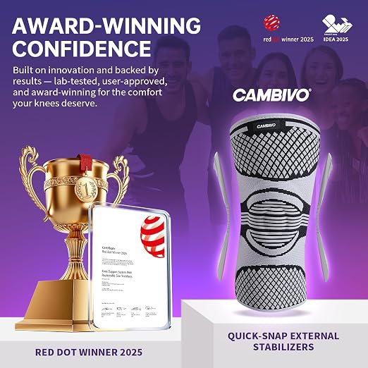 CAMBIVO Knee Brace for Men and Women with Side Stabilizers, Snap-on Detachable Support - 2025 Red Dot Award Winner Lightweight Knee Compression Sleeve for Meniscus Tear, ACL, Running