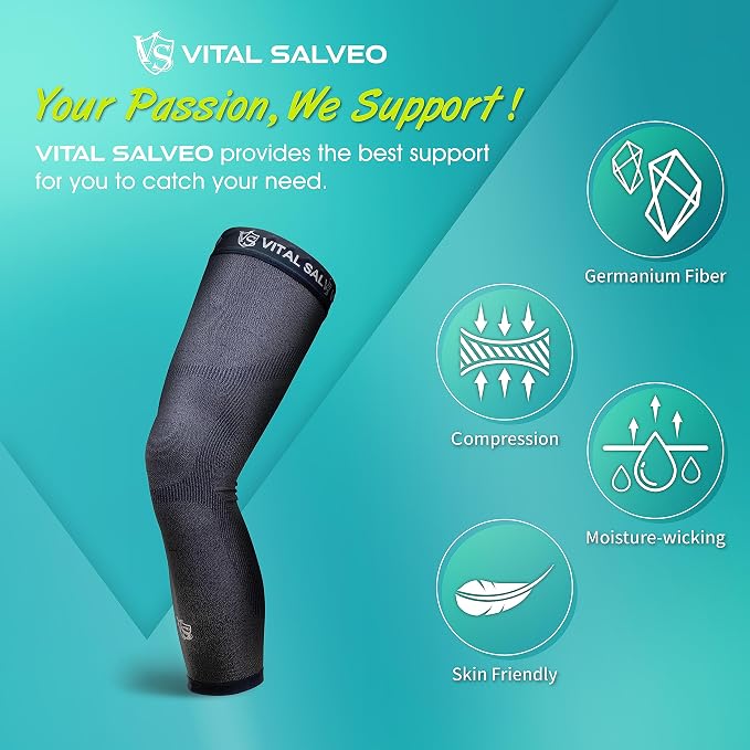 Vital Salveo Germanium Recovery Compression Sports Full Leg Sleeve Length Thigh Calf Long Knee Sleeve Support Tight Basketball Men Women Dark Grey(1 PC) Small