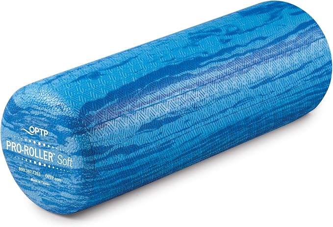 OPTP PRO-Roller Soft Density Foam Roller – Round, Short Blue, 18" x 6" | Low density soft foam roller for physical therapy, Pilates, yoga foam roll exercises, and muscle recovery, blue 18" x 6"
