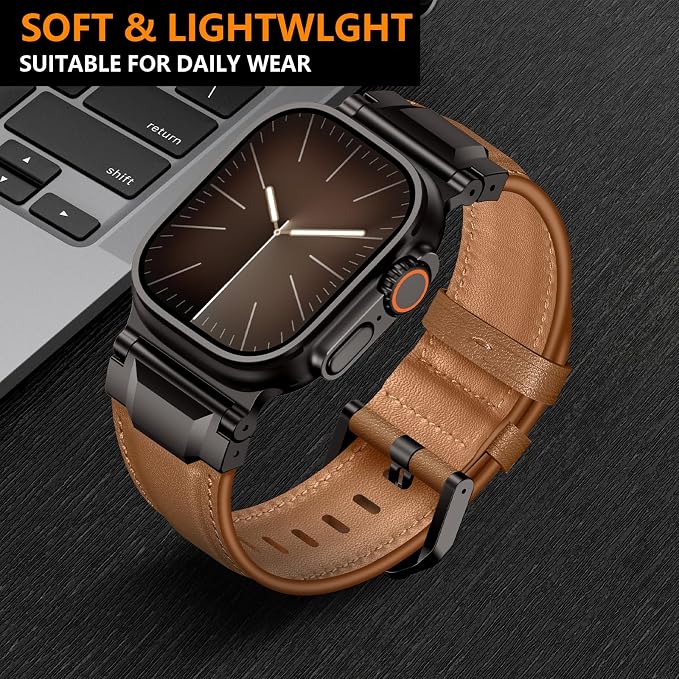 Bands Compatible with Apple Watch Ultra 3/2/1 Band 49/46/45/44mm | Genuine Leather Metal Connector Strap for iWatch Ultra Series 11/10/9/8/7/SE/6/5/4/3/2/1, Light Brown/Black