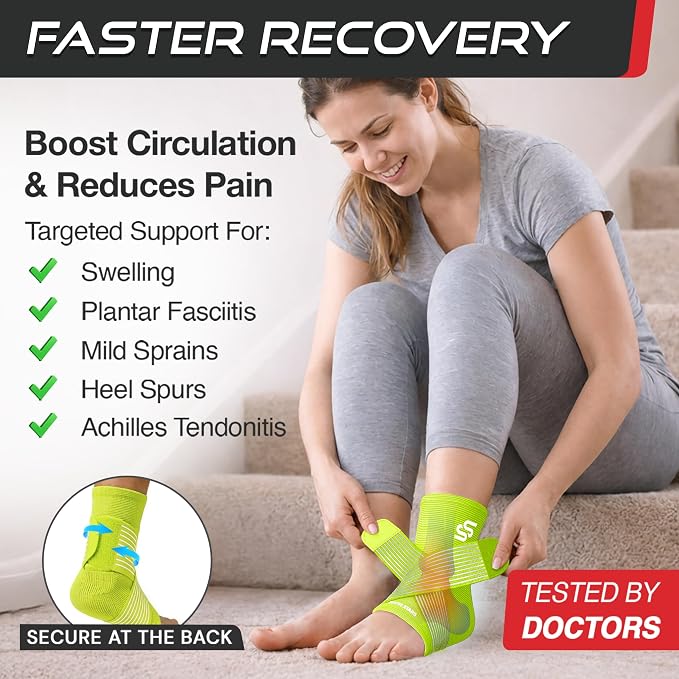 Sleeve Stars Ankle Brace for Women & Men, Ankle Wrap for Sprained Ankle, Compression Sleeve for Plantar Fasciitis Relief, Easy Customizable Support: w/ Removable Strap (Single/M:10"-12"/Neon Yellow Green)