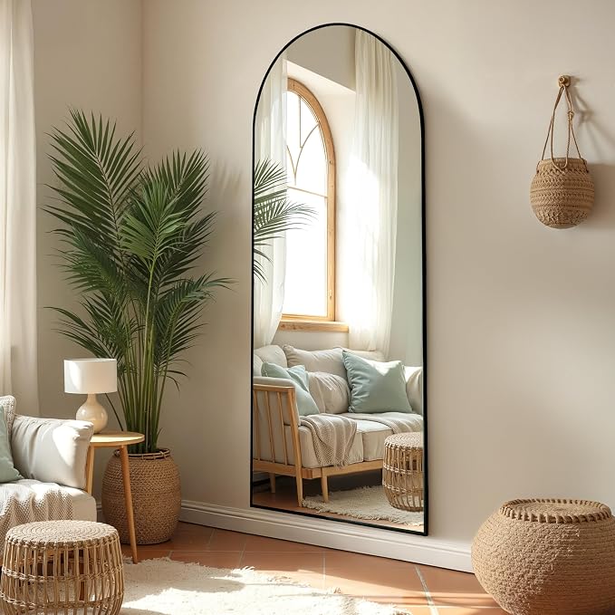 Arched Full Length Mirror 65"x24" Leaning Hanging Decor Black | Standing Body Mirror with Aluminum Frame for Bedroom Cloakroom Living Room Make-up Gift