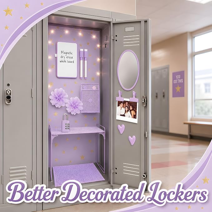 16 PCS Locker Accessories for Girls Magnetic Locker Decorations Kit with Shelf Mirror Whiteboard Pen Holder Rug Wallpaper Lights Locker Organizer Set for School Dorm Room Office Gym (Purple)