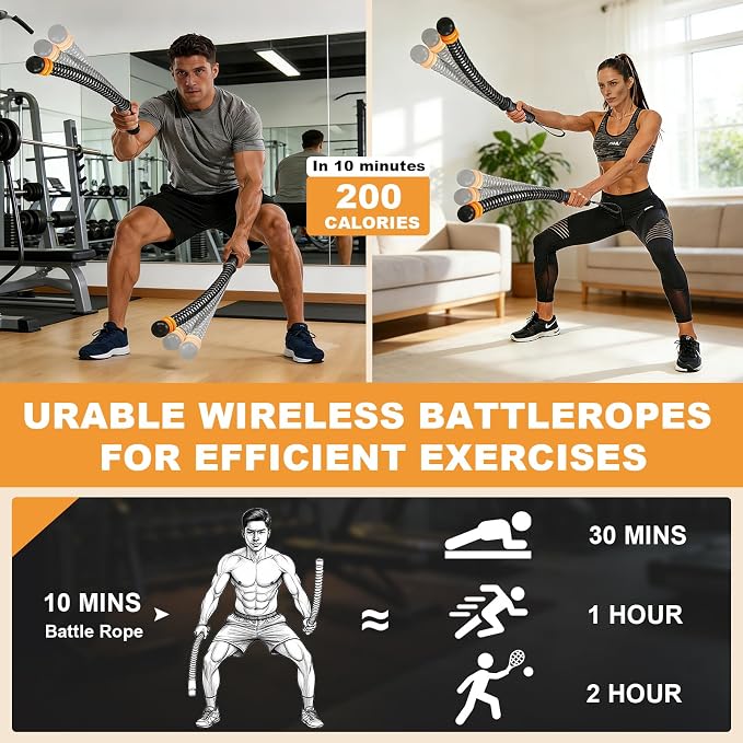 Weighted Ropeless Battle Ropes, Portable Cordless Rope for Home Gym | Grip Strengtheners&Poster, Adjustable Resistance, Non Slip Handle, Low-Noise, Heavy Duty Fitness Rope for HIIT Strength, 2PCS