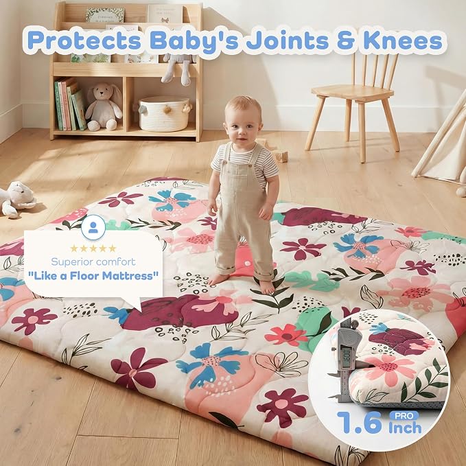 1.6" Thick Baby Play Mat, 71x59 Removable & Machine Washable Cover | Padded Memory Foam, Non-Slip Backing, 100% Baby-Safe Materials, Tummy Time Crawling, Outdoor, Bedroom, Living Room, Nursery