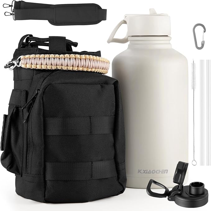 KXIAOCHEN Insulated Water Bottle with Strap, 48-Hour Cold, 2 Lids | Triple-wall insulation, lead-free 18/8 Stainless steel, paracord handle, carabiner clip, for gym, hiking, camping and travel