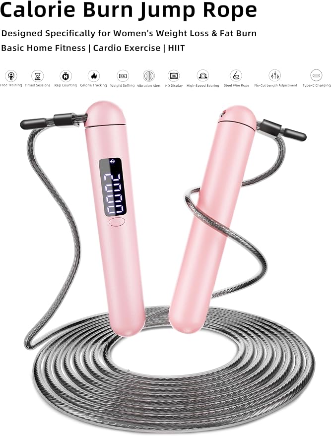 ACHDOFITS Jump Rope with Smart Counter for Adults | Tangle-free Steel Core, 170g. Fits 5'-6'5". 4 Modes: Beginner-HIIT. Rechargeable. For Women & Men. Tracks Calories & Jumps.