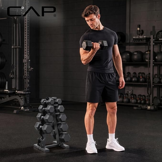 CAP Rubber Coated Hex Dumbbell Set with Storage Rack | 100–210 lb Options, Space-Saving Vertical Compact Storage for Home Gym Strength Training