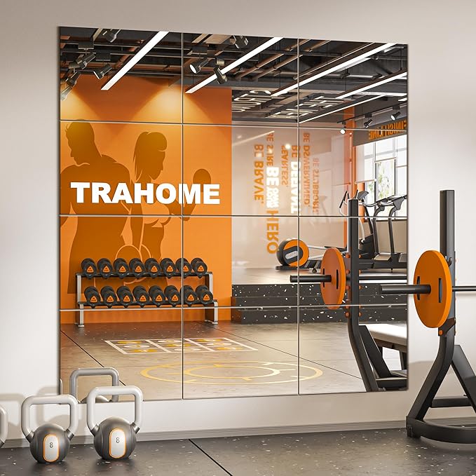 TRAHOME Wall Mirror Tiles, 16"x12"x12PCS Full Length Home Gym Mirror | HD Tempered Glass, Frameless Workout Mirror for Garage, Bedroom, Living Room, Over The Door