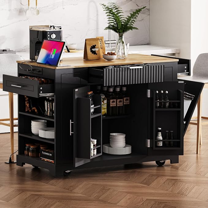 Merax Fluted Kitchen Island with Trash Can Storage Cabinet, Power Outlet, Internal Storage Rack, Rolling Kitchen Storage Cart on 5 Wheels with 3 Drawer, 3 Open Side Racks, Black