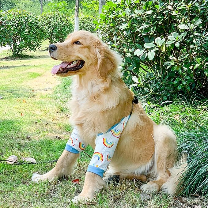 HDKUW Dog Elbow Protector, Dog Front Leg Recovery Sleeve for Prevent Licking Wound, Elbow Sleeves with Mesh Pad for Medium Large Dogs Rainbow 2XL
