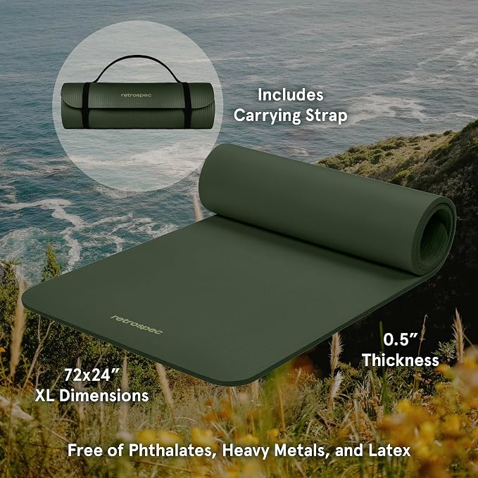 Retrospec Solana Yoga Mat Thick 1/2in Non-Slip Workout Mat with Nylon Strap - 72x24in Exercise Mat for Pilates, Stretching & Fitness - BPA Free, Easy Clean