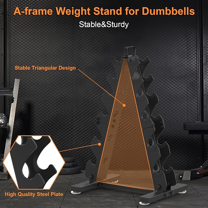 TomCare 6-Tier|5-Tier|4-Tier|2-Tier Dumbbell Rack Stand Only for Home Gym | Stable A-Frame, Fits 5–35 lb Dumbbells, Protective Padded Cradles, Adjustable Feet, Easy-Carry Handle (Stand Only)