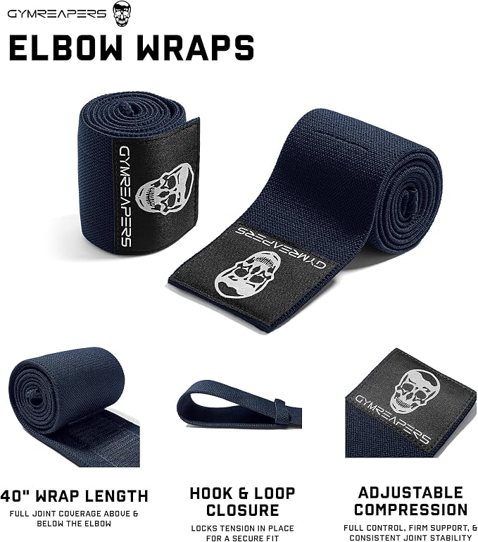 Gymreapers Weightlifting Elbow Wraps (1 Pair) - Flexible 40'' Elbow Compression Strap & Joint Support Brace - for Bench Press, Powerlifting, and Pressing