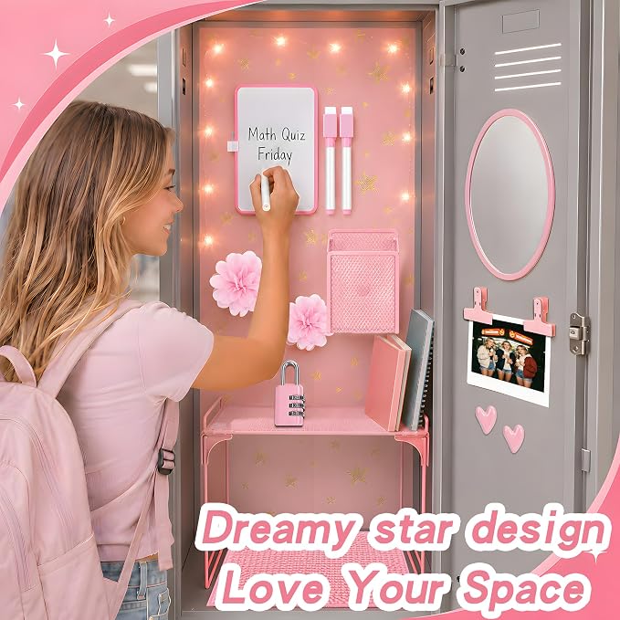 16 PCS Locker Accessories for Girls Magnetic Locker Decorations Kit with Shelf Mirror Whiteboard Pen Holder Rug Wallpaper Lights Locker Organizer Set for School Dorm Room Office Gym (Pink)