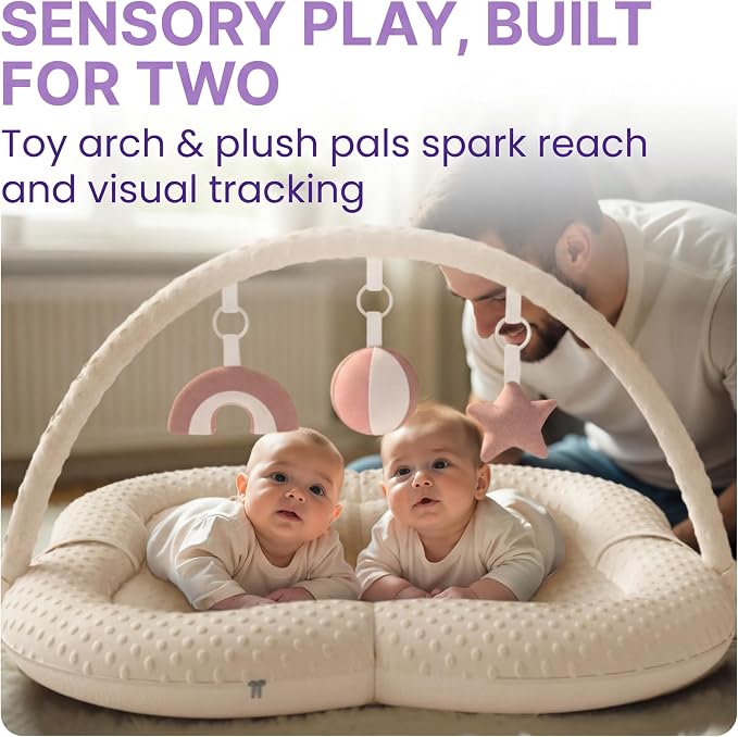 Twins Baby Play Mats for Floor Activity Gym - 5-in-1 Support Cushion Baby Play Mat Tummy Time Mat for Supervised Bonding with Arch, Plush Toys, Flashcards & Developmental Book - Beige