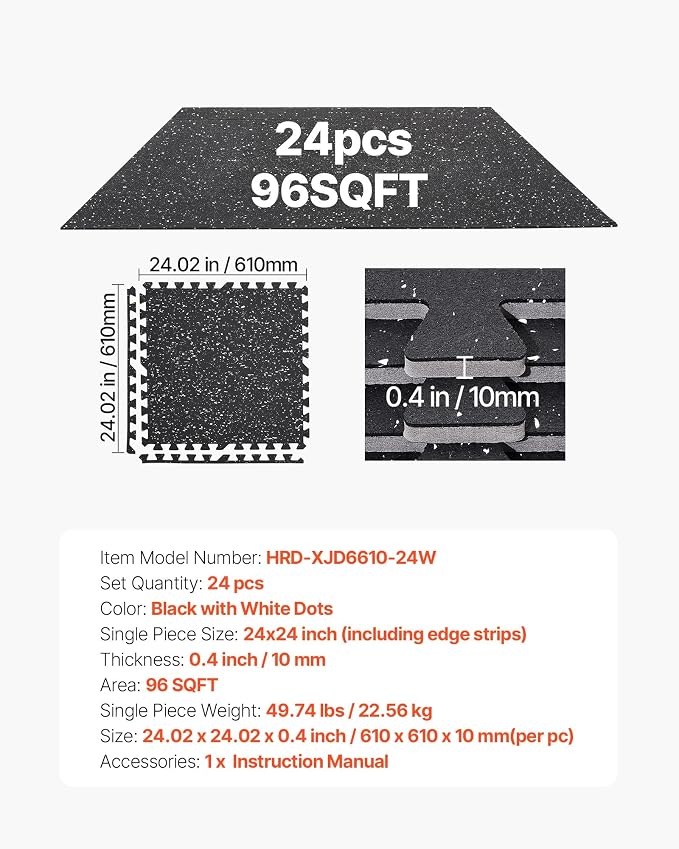 VEVOR 0.4Inch 96sq.ft 24 Tiles Gym Flooring for Home Gym, Rubber Top with High Density EVA Foam, 24 x 24In Gym Floor Exercise Equipment Mats, Interlocking Gym Mats, Puzzle Workout Mats, Black & White | Rubber Top with High Density EVA Foam, Lightweight...