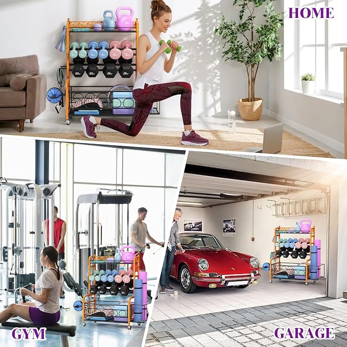 VOPEAK 3-Tier Dumbbell Rack with Wheels, Weight Rack for Home Gym Storage | Stores dumbbells, kettlebells & yoga mats. Lockable wheels for mobility. Sturdy steel frame, easy 15-min assembly