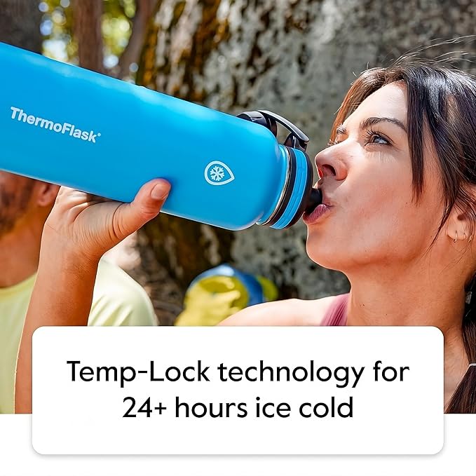 ThermoFlask Stainless Steel Water Bottles 2-Pack - Double-Wall Vacuum Insulated 24 oz BPA-Free Spout Lids - Keeps Drinks Cold 24 Hrs, Hot 12 Hrs - Leakproof, Dishwasher Safe, White/Coral